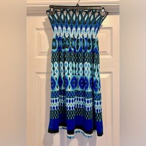 Blue Patterned Strapless Dress